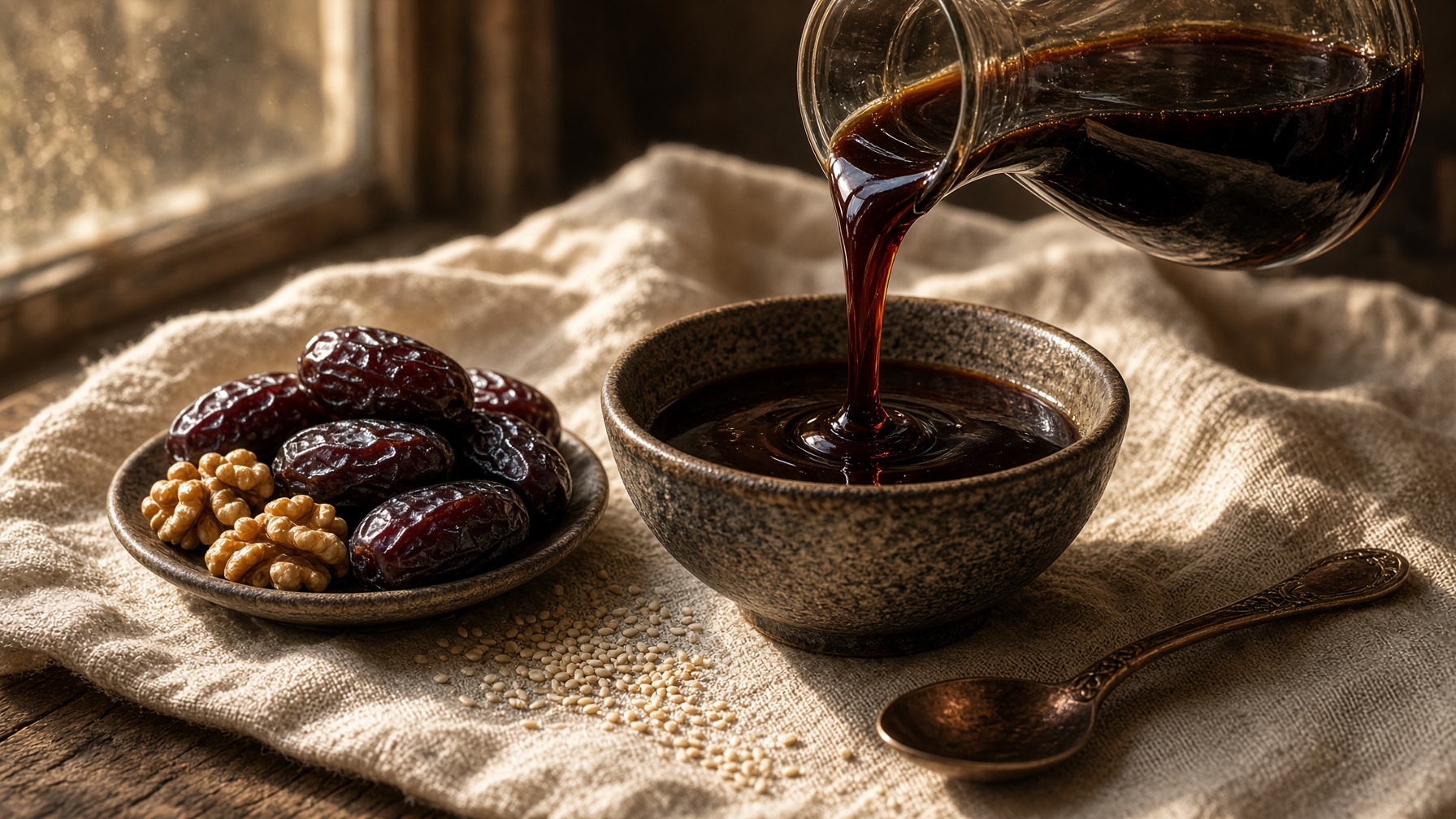 ریختن شیره خرما در کاسه سرامیکی